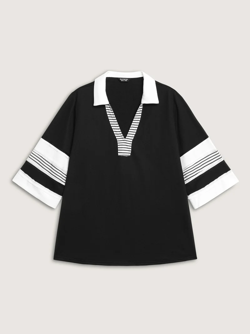 Non-Stretch Stripes Contrast Split Neck T-Shirt