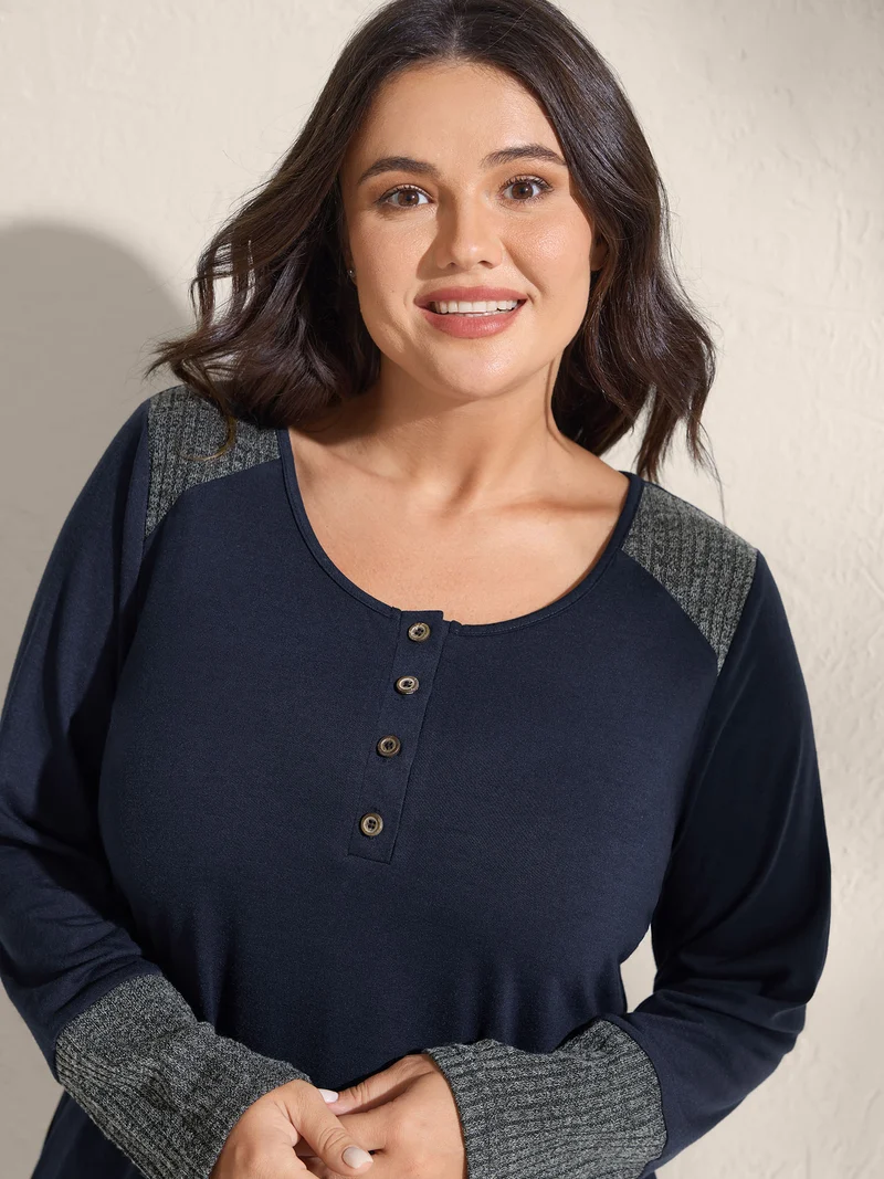 Supersoft Ribbed Button Neckline Fitted T-Shirt