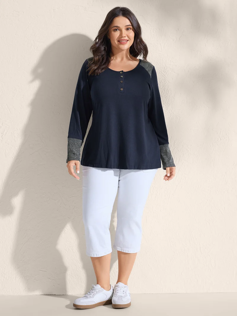 Supersoft Ribbed Button Neckline Fitted T-Shirt