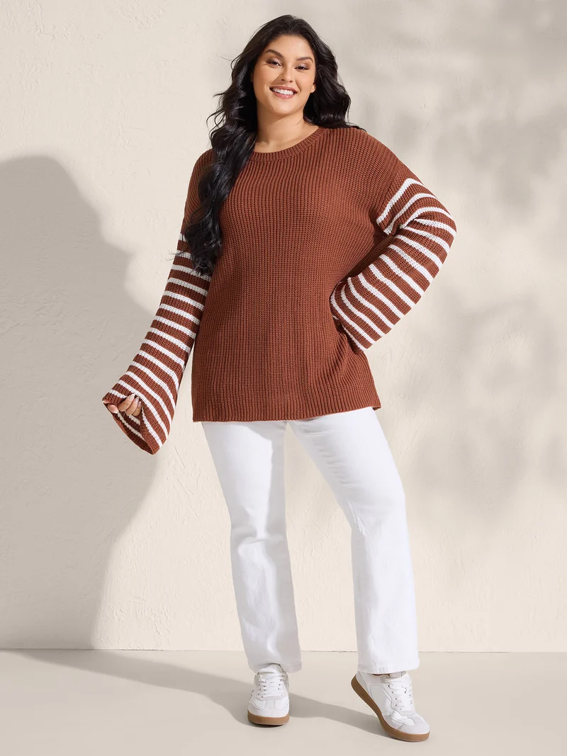 Striped Print Textured Drop Shoulder Pullover