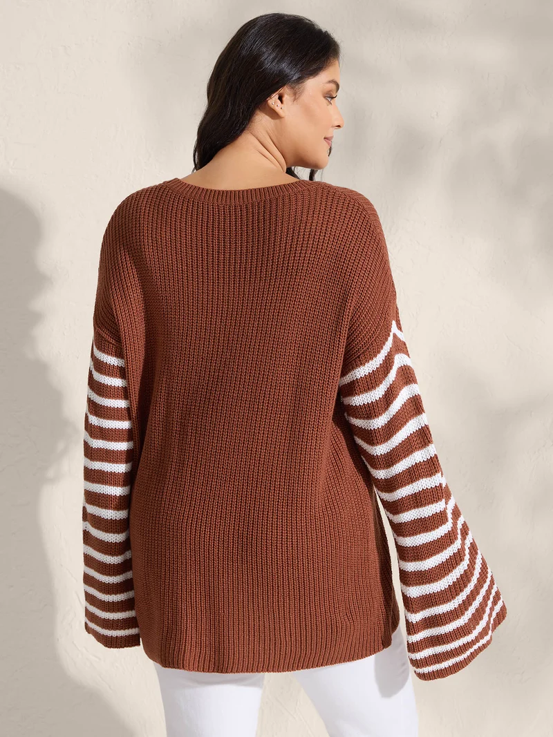 Striped Print Textured Drop Shoulder Pullover