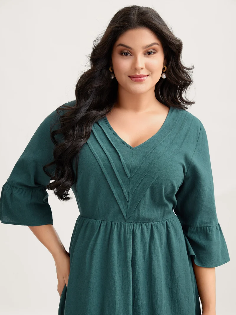 Pure Cotton Toothpick Pleats Tiered Midi Dress