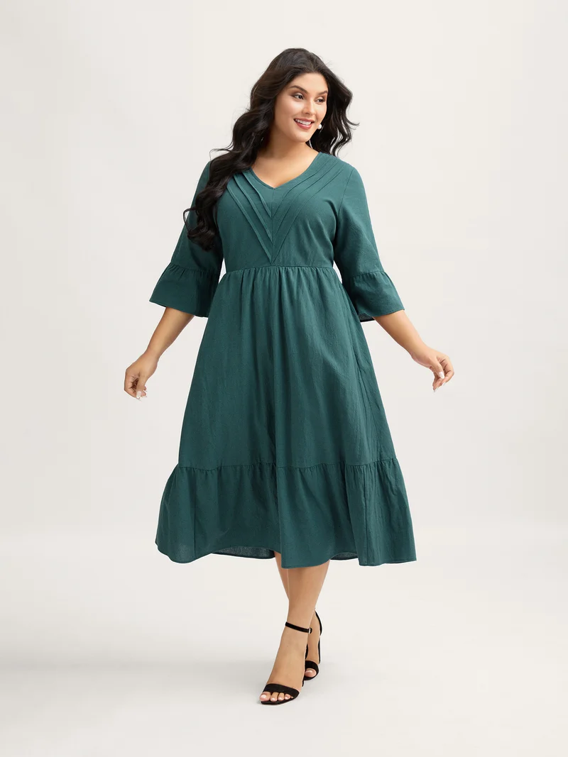 Pure Cotton Toothpick Pleats Tiered Midi Dress