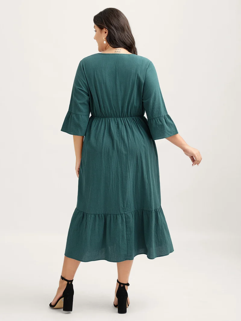 Pure Cotton Toothpick Pleats Tiered Midi Dress