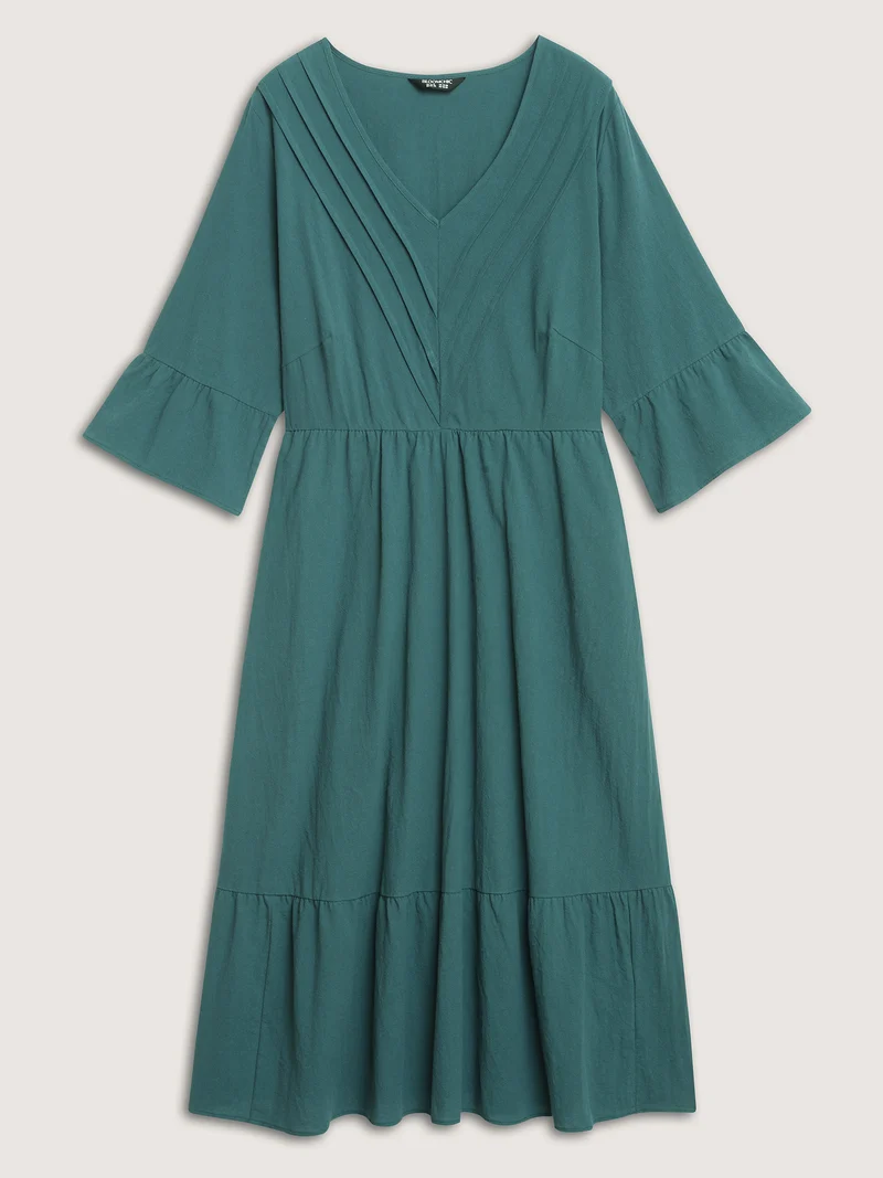 Pure Cotton Toothpick Pleats Tiered Midi Dress