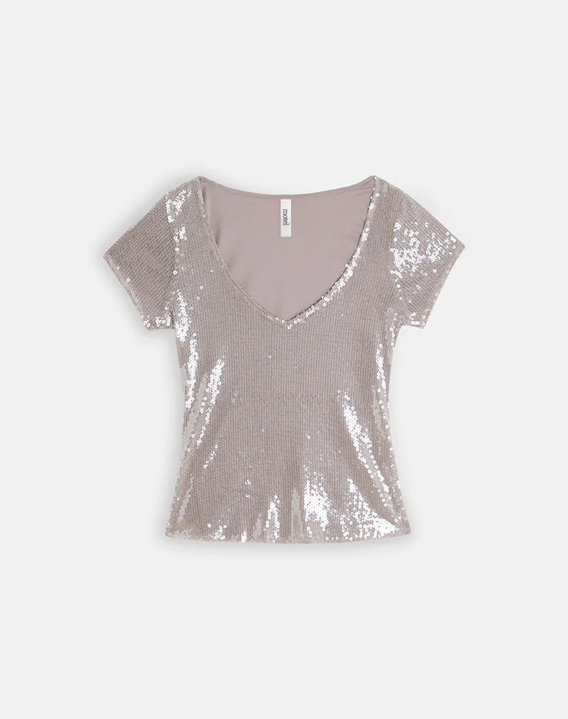 Haut Lauren à col en V, mauve à paillettes