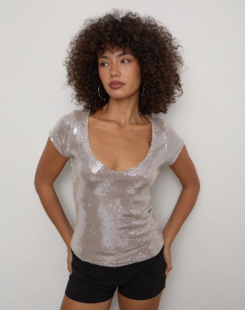 Haut Lauren à col en V, mauve à paillettes