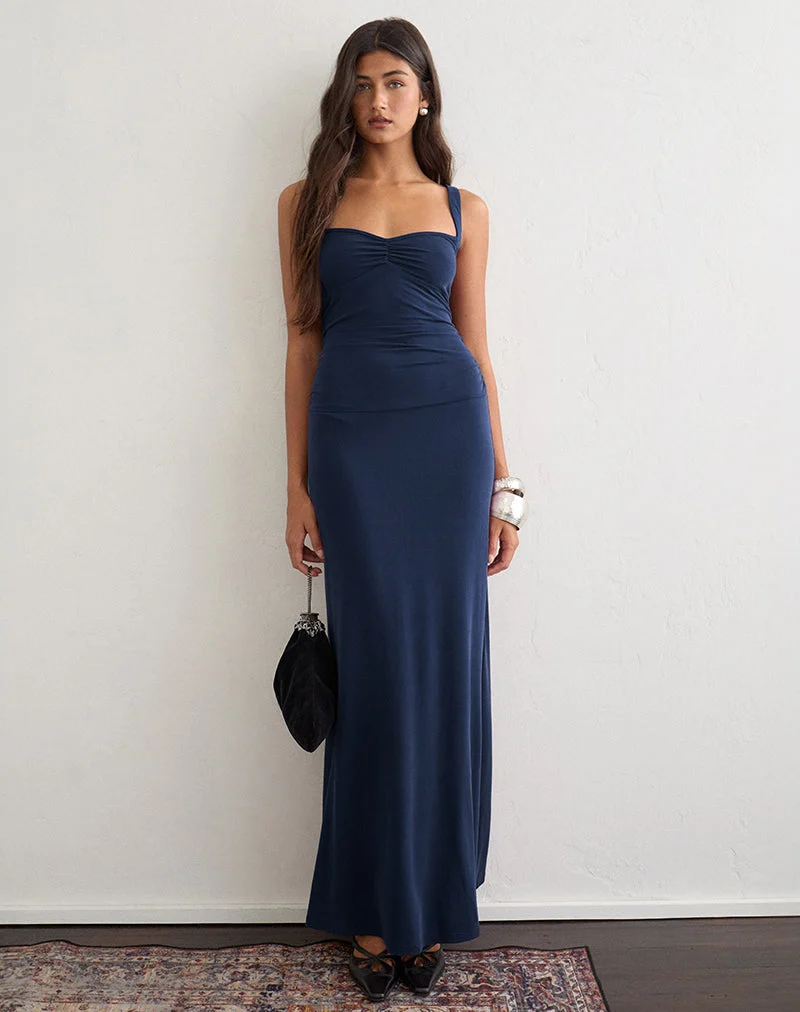 Robe longue à volants Alivia en cupro bleu marine