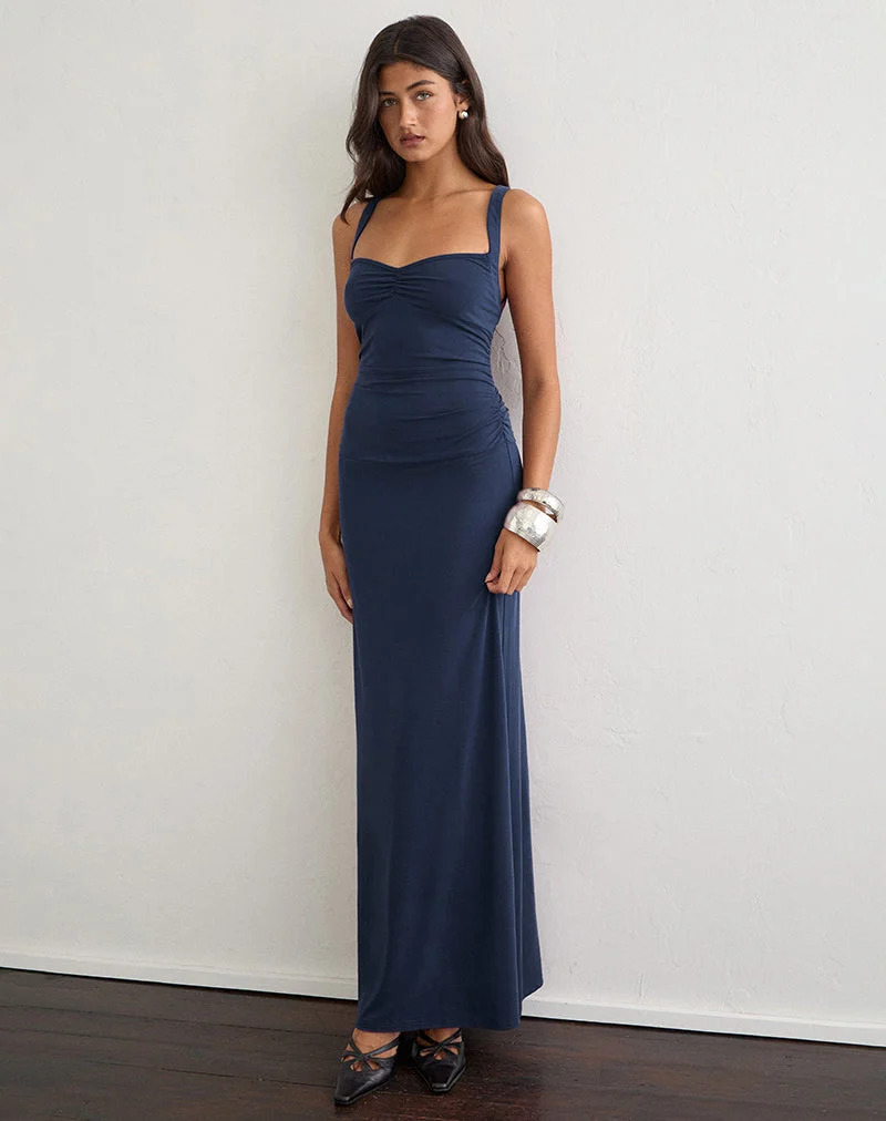 Robe longue à volants Alivia en cupro bleu marine