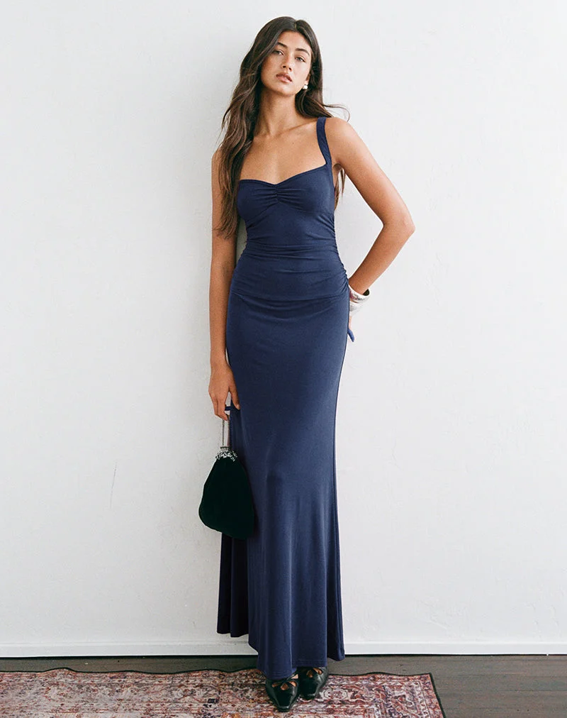 Robe longue à volants Alivia en cupro bleu marine