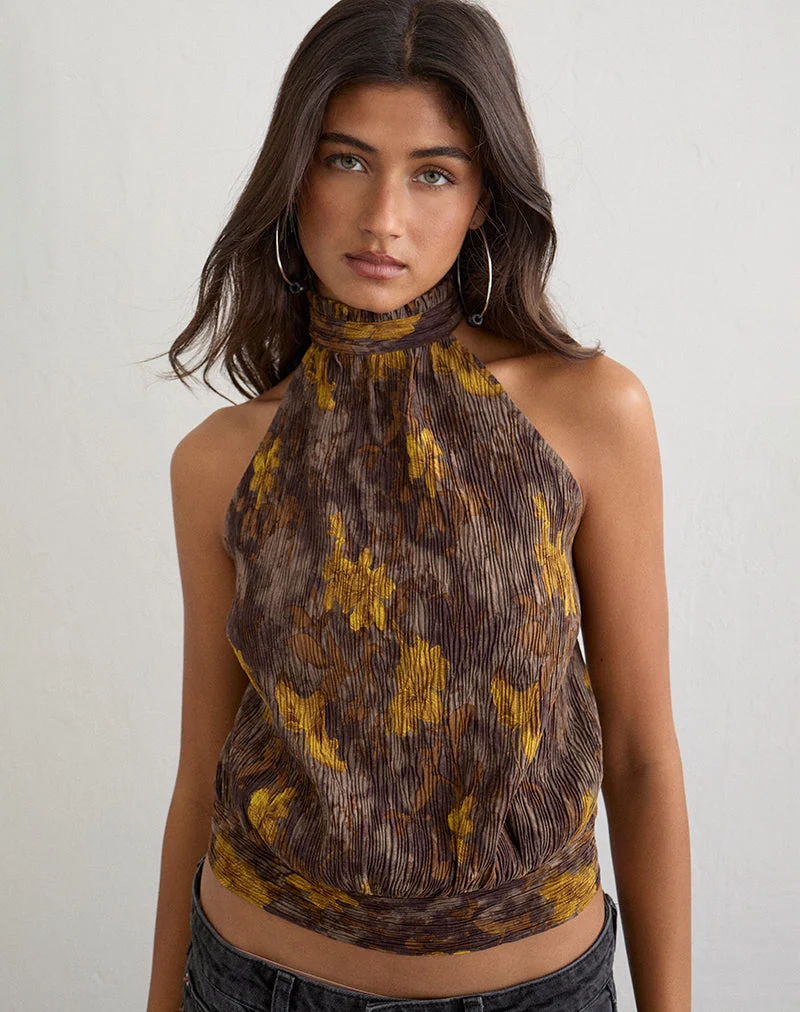 Haut Sunari à plis floraux marron et jaune