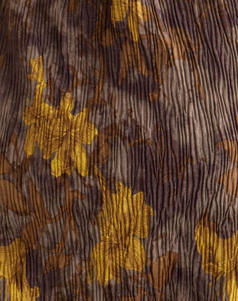 Haut Sunari à plis floraux marron et jaune