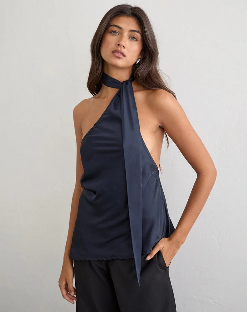 Haut dos nu asymétrique Sambara avec nœud en foulard, en satin bleu marine