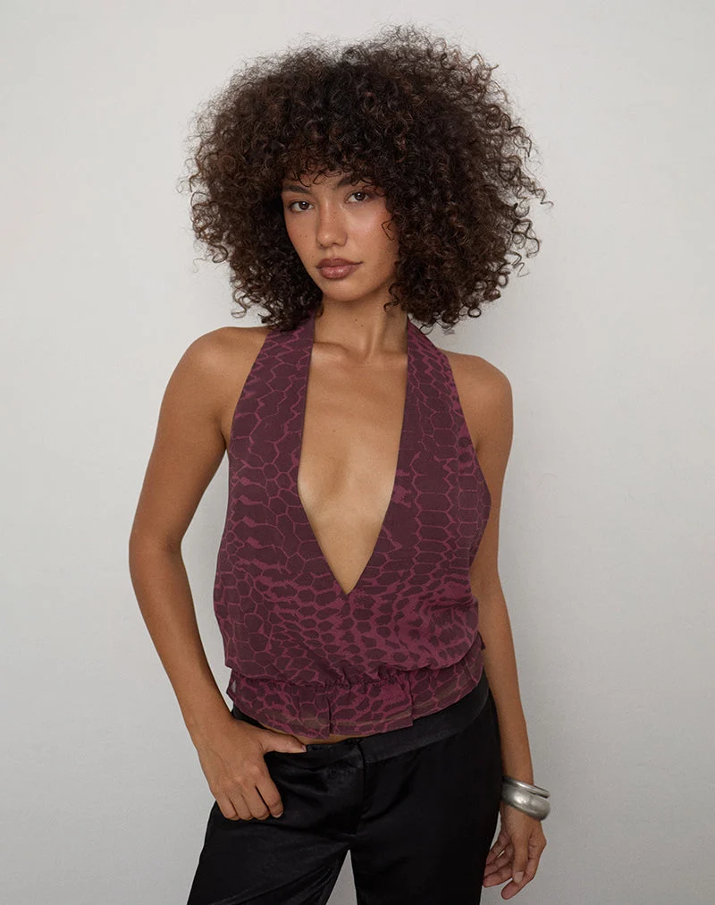 Halter-top Reo, motif serpent abstrait, couleur « Windsor Wine »