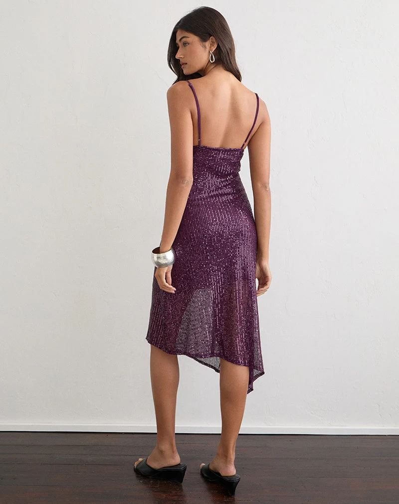 Robe midi asymétrique Quinn, à paillettes, violet foncé