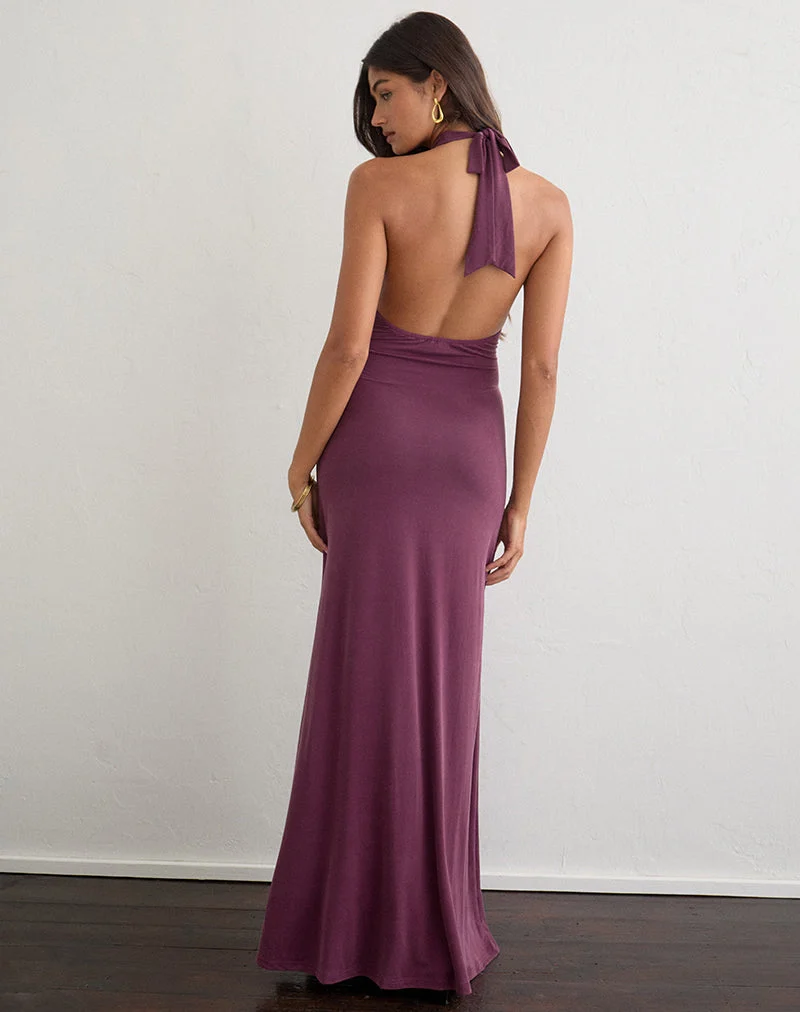 Robe longue à dos nu Naveli en cupro, violet foncé