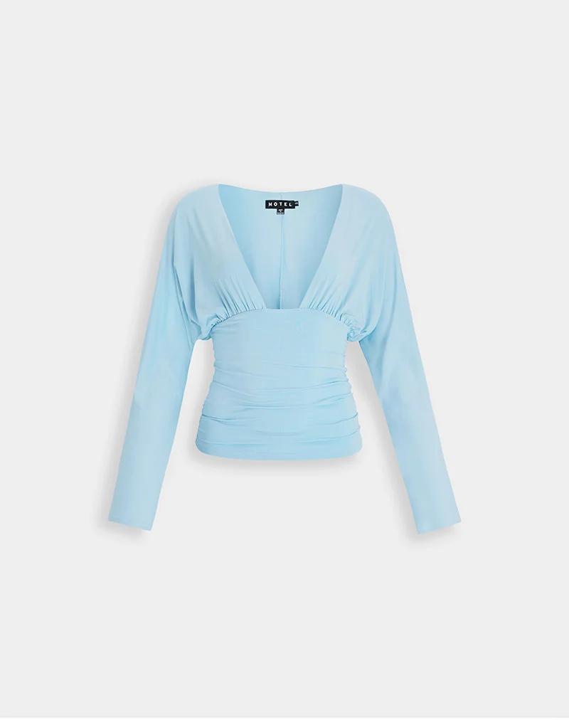 Haut Lilro à manches longues, décolleté plongeant et manches chauve-souris, couleur bleu frais