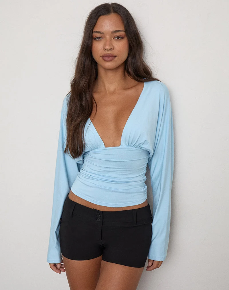 Haut Lilro à manches longues, décolleté plongeant et manches chauve-souris, couleur bleu frais