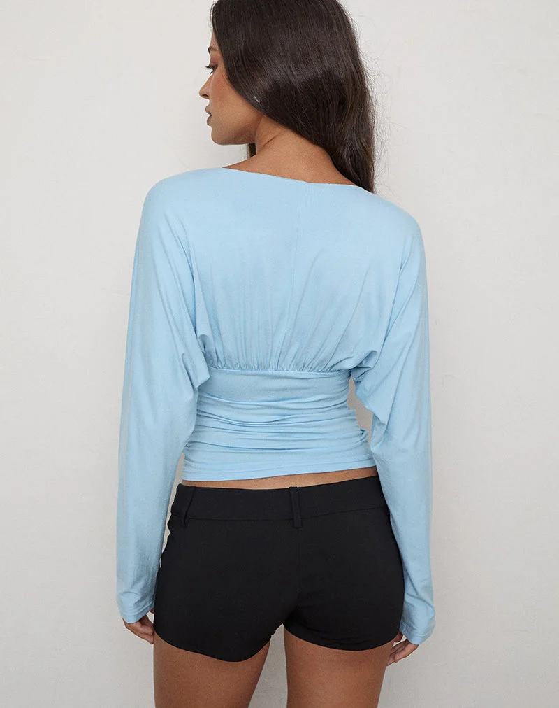 Haut Lilro à manches longues, décolleté plongeant et manches chauve-souris, couleur bleu frais