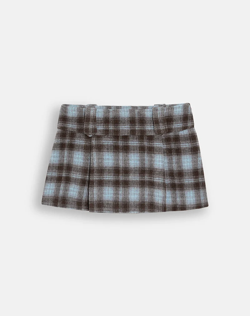 Mini-jupe Hiora en laine à carreaux bleus et marron