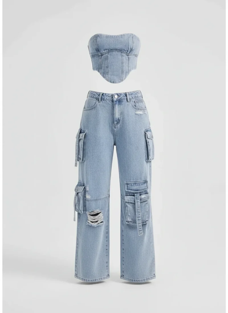 Ensemble denim deux pièces style cargo à corset structuré