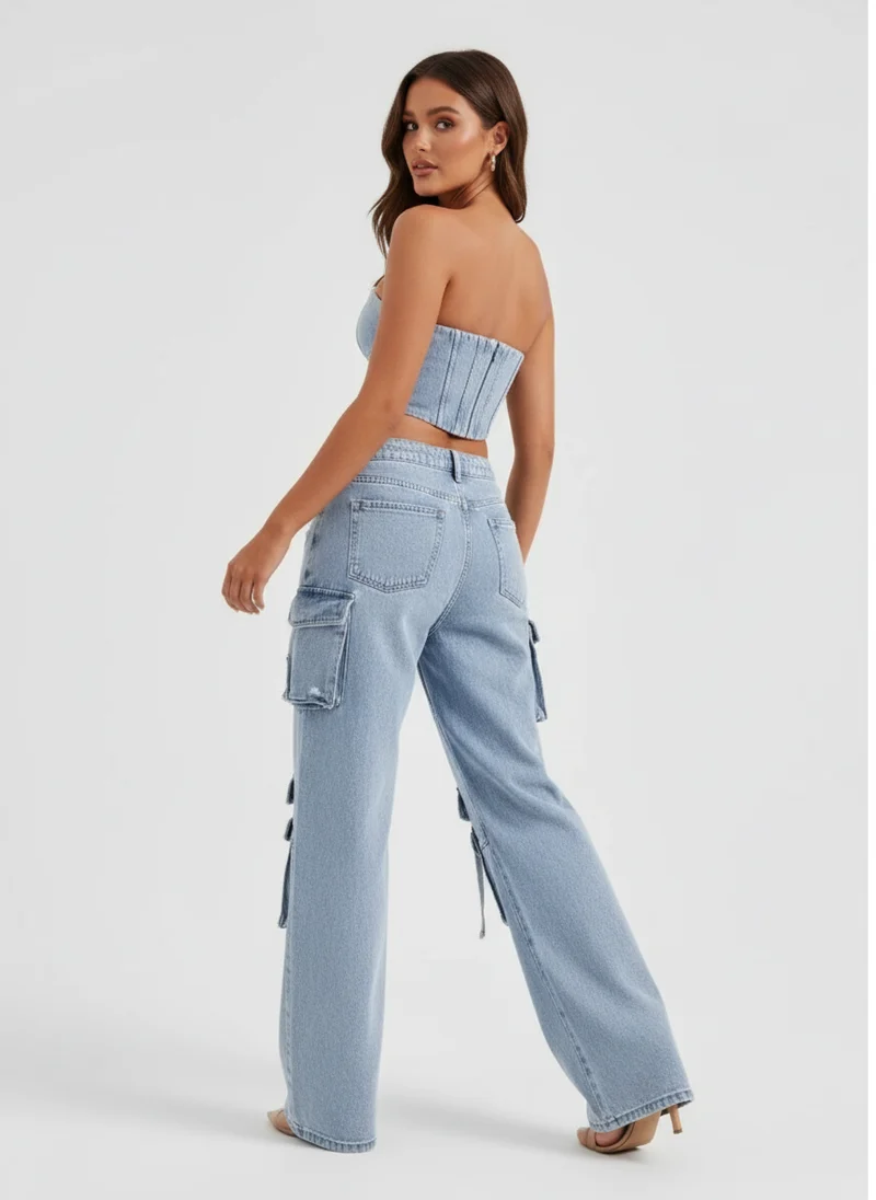 Ensemble denim deux pièces style cargo à corset structuré