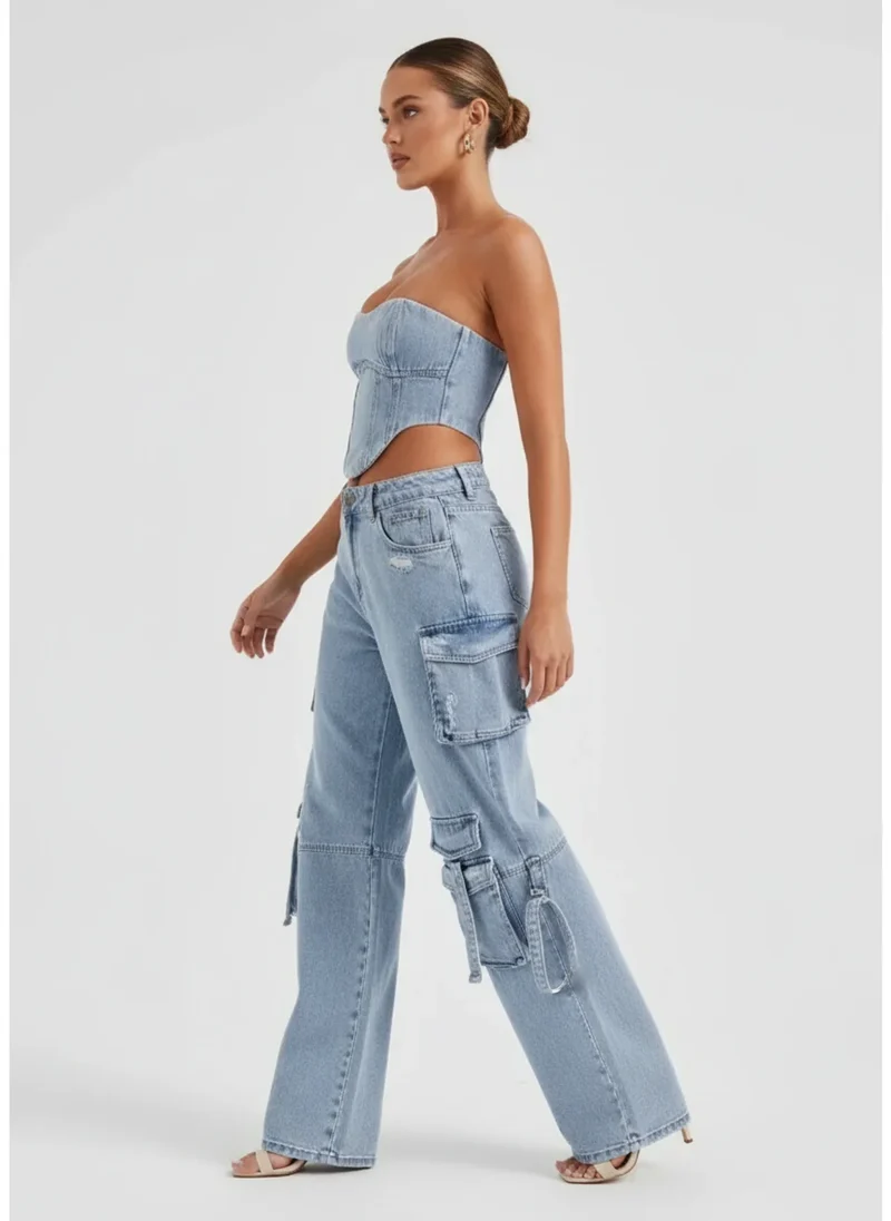 Ensemble denim deux pièces style cargo à corset structuré