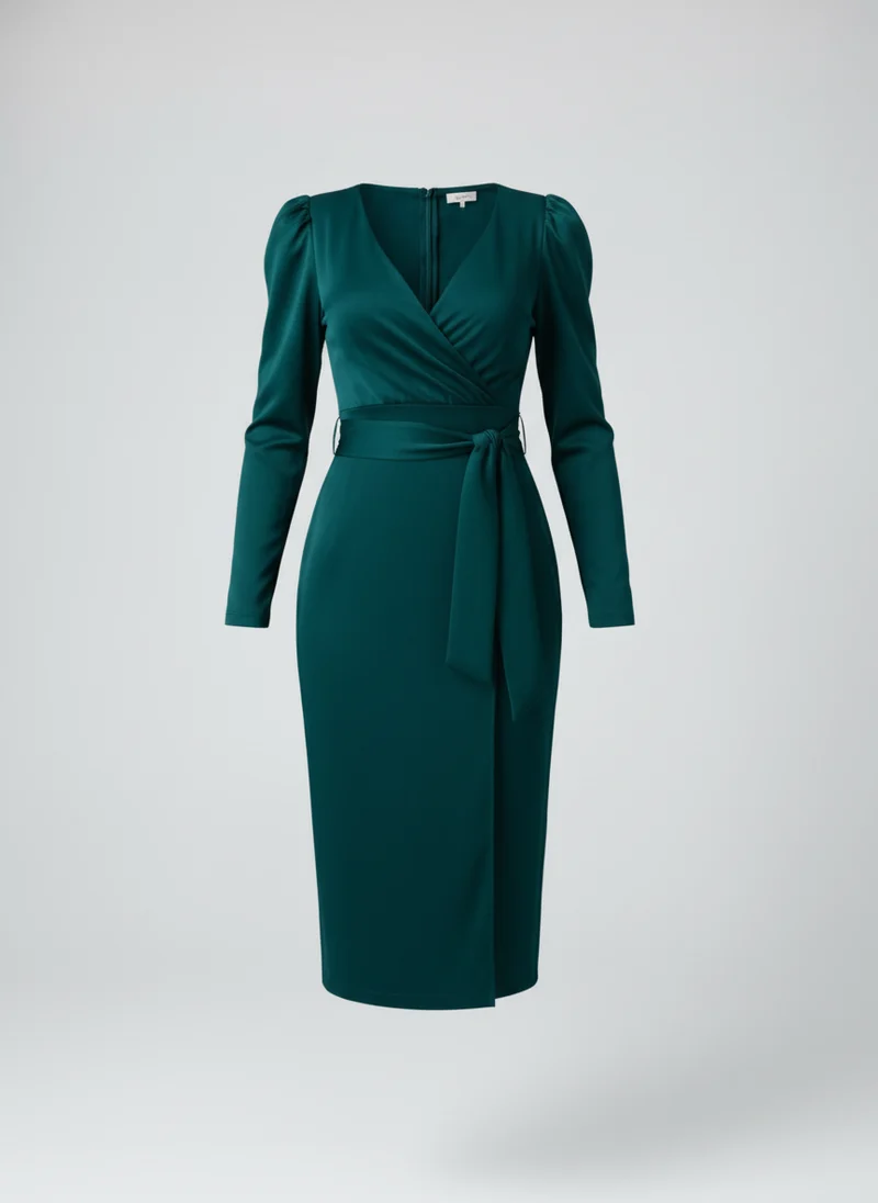 Robe Midi Cache-Cœur Élégante à Manches Longues