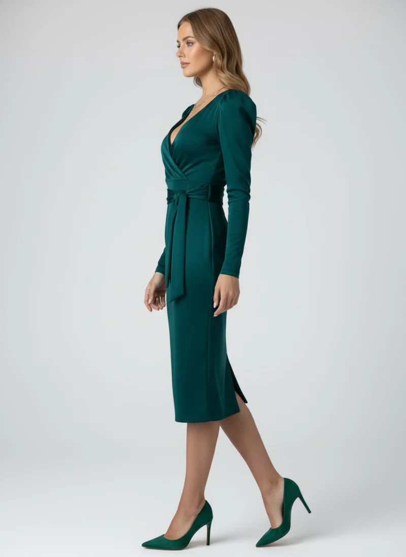 Robe Midi Cache-Cœur Élégante à Manches Longues