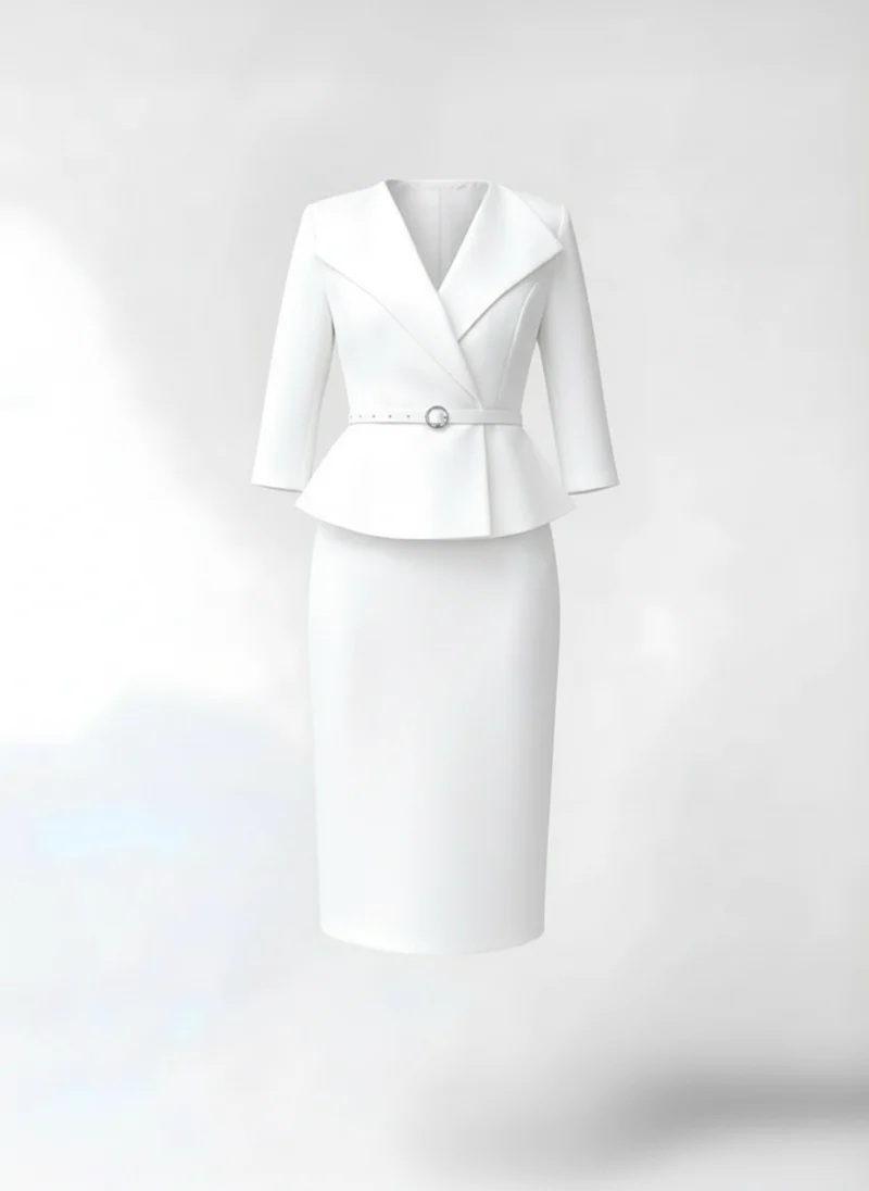 Costume femme deux pièces veste ajustée jupe midi