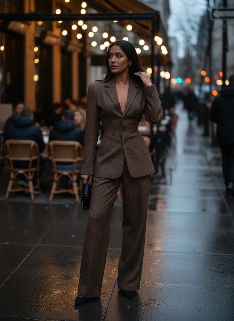 Blazer Vintage Rayures Pantalon Taille Haute