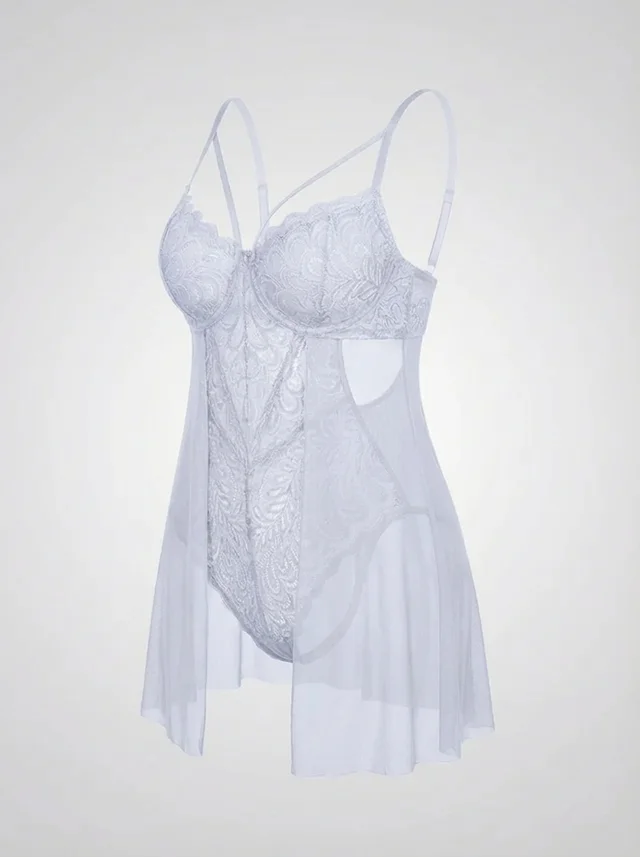 Teddy en Dentelle Élégant avec Superposition en Maille Aérée