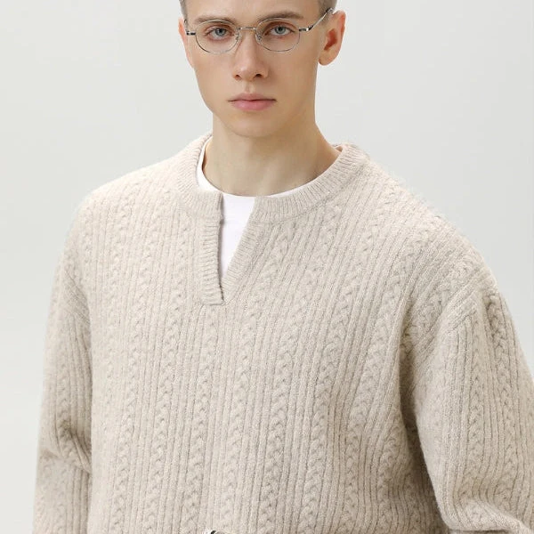 Pull en Tricot Torsadé avec Col en V et Finition Premium