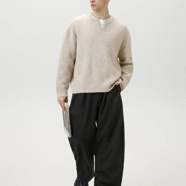 Pull en Tricot Torsadé avec Col en V et Finition Premium
