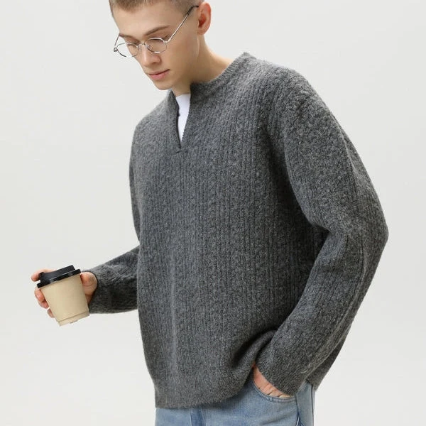Pull en Tricot Torsadé avec Col en V et Finition Premium