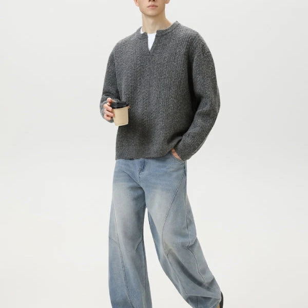 Pull en Tricot Torsadé avec Col en V et Finition Premium