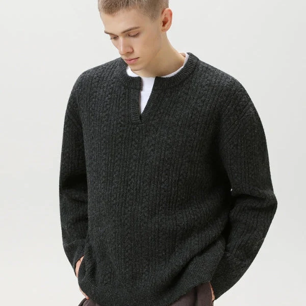 Pull en Tricot Torsadé avec Col en V et Finition Premium