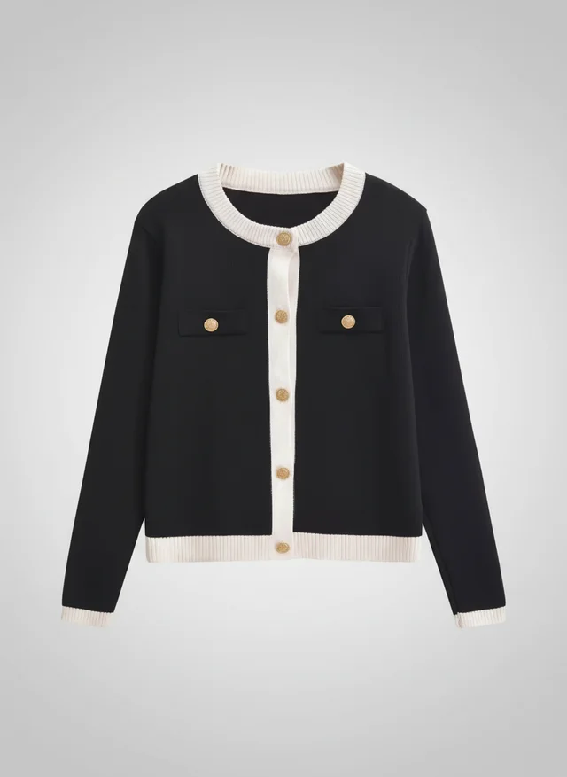 Veste en tricot élégante femme col rond noir et blanc