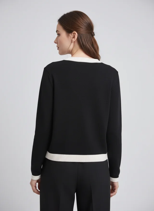 Veste en tricot élégante femme col rond noir et blanc