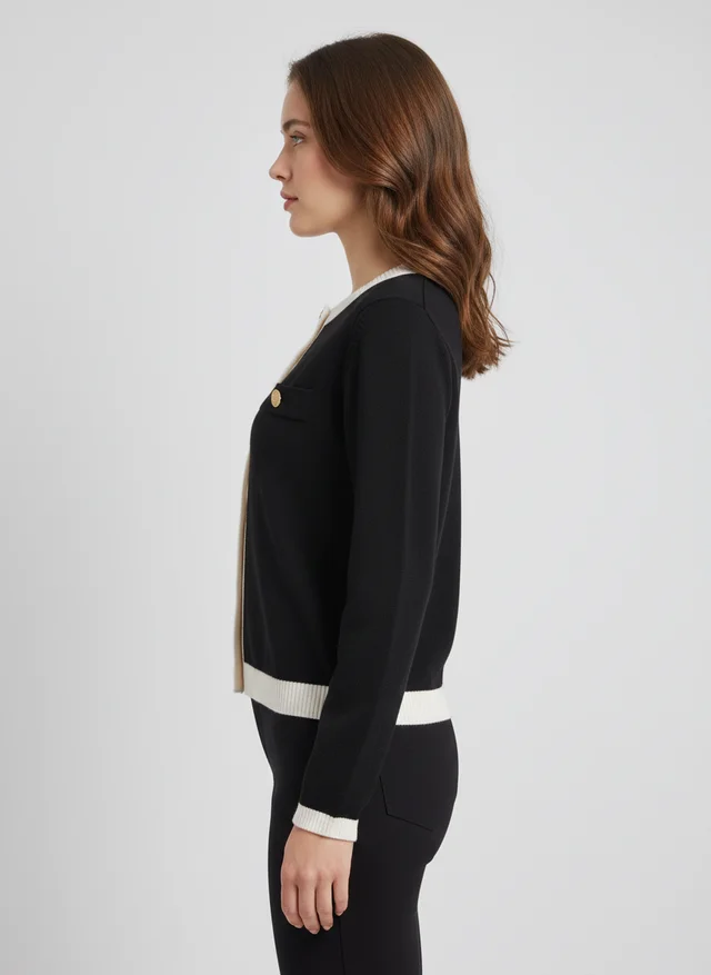 Veste en tricot élégante femme col rond noir et blanc