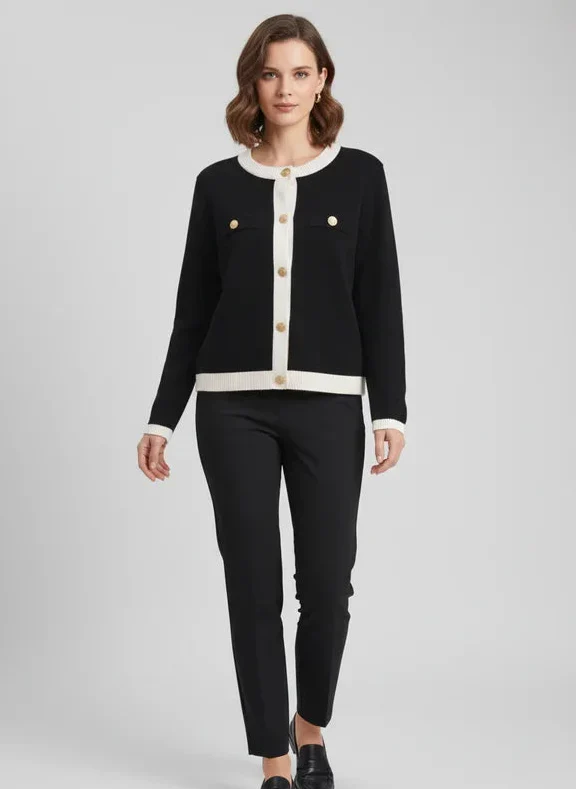 Veste en tricot élégante femme col rond noir et blanc