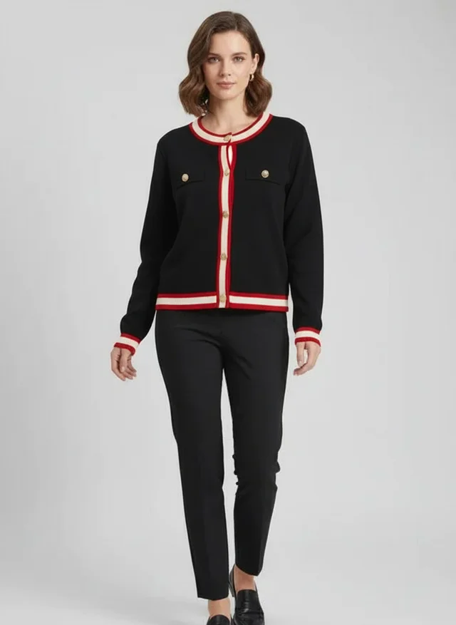 Veste en tricot élégante femme col rond noir et blanc