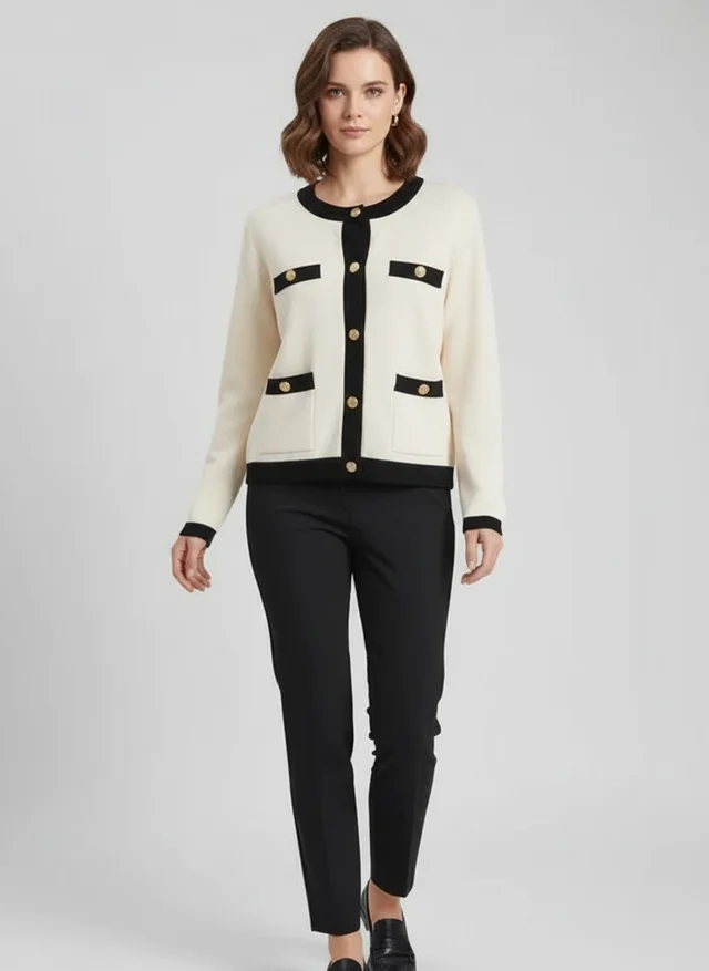 Veste en tricot élégante femme col rond noir et blanc