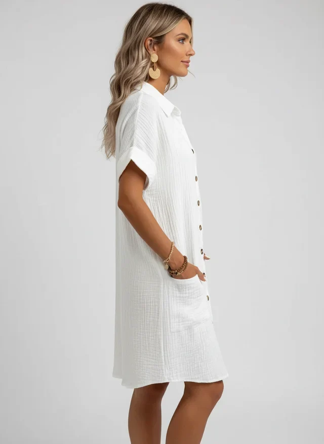 Robe mini vintage col V coton et lin été chic
