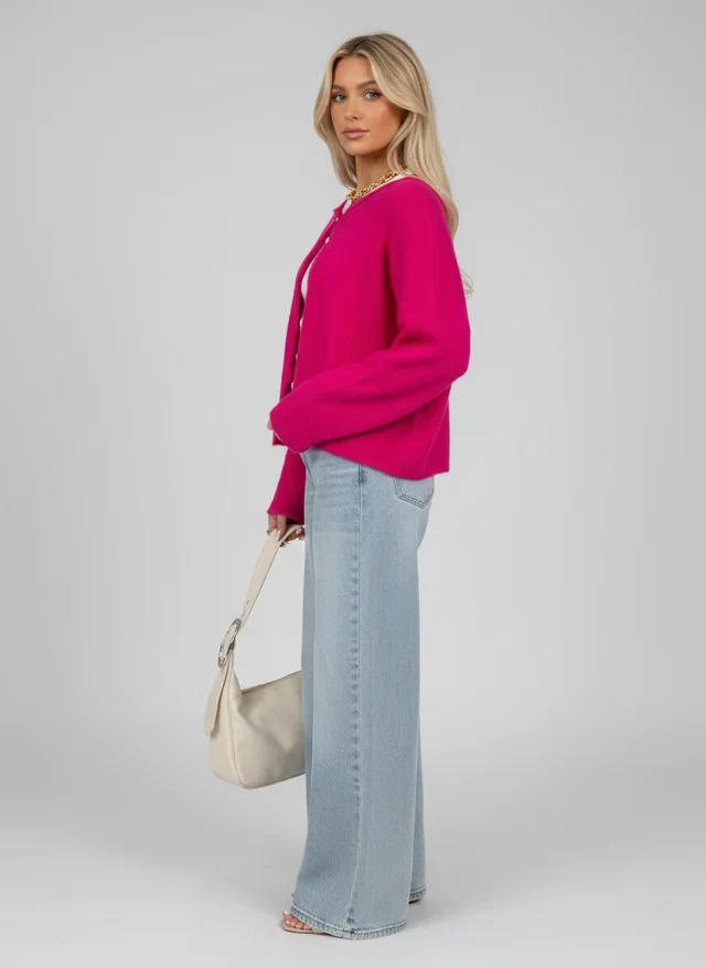 Cardigan tricot boutonné femme coupe ample manches longues
