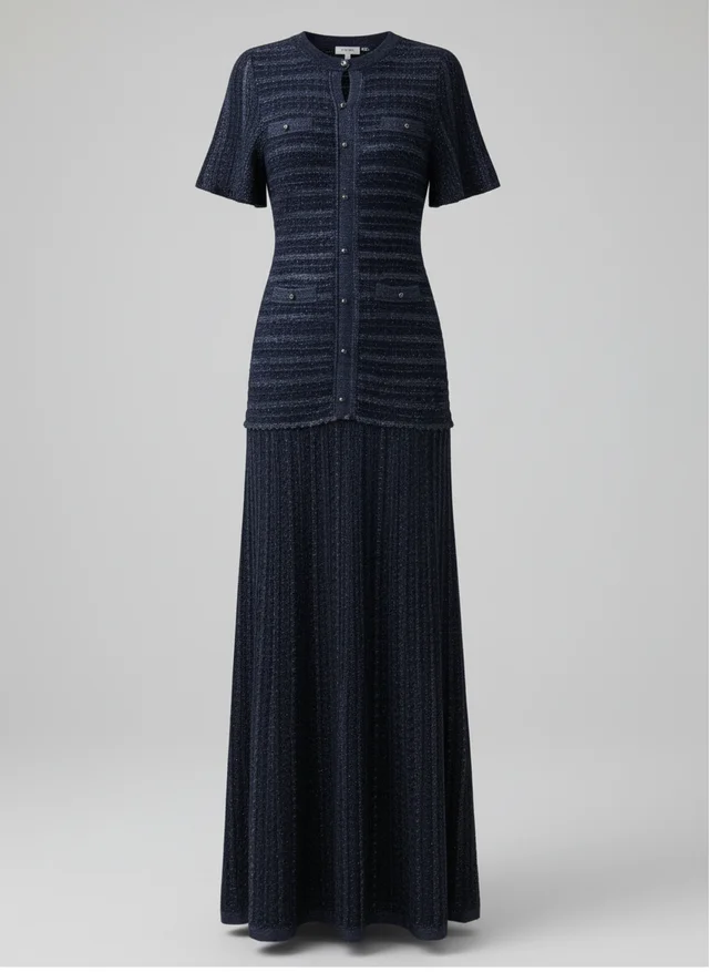 Robe Longue Cintrée à Sequins Bleu Nuit pour Soirées Élégantes