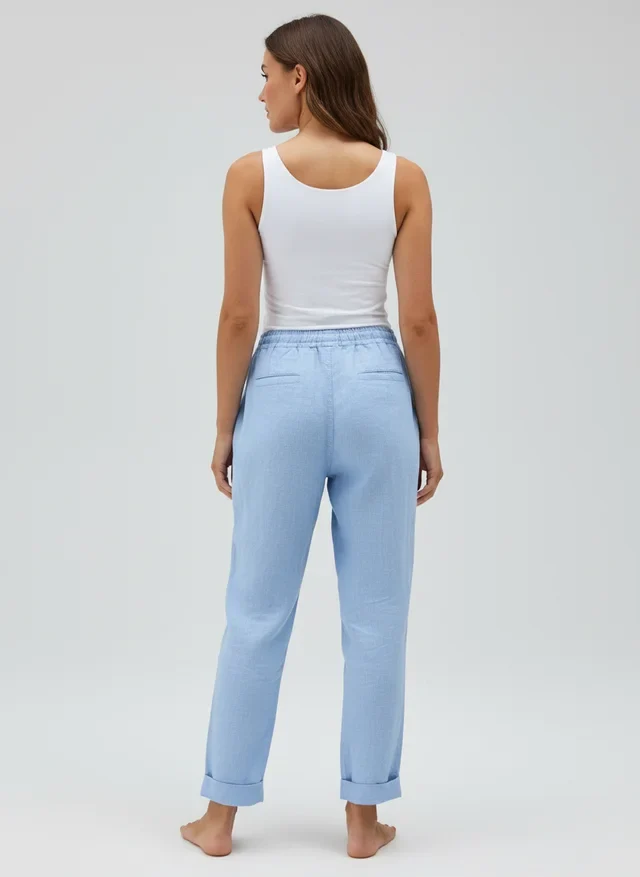 Pantalon Été Taille Haute en Coton et Lin Léger Femme
