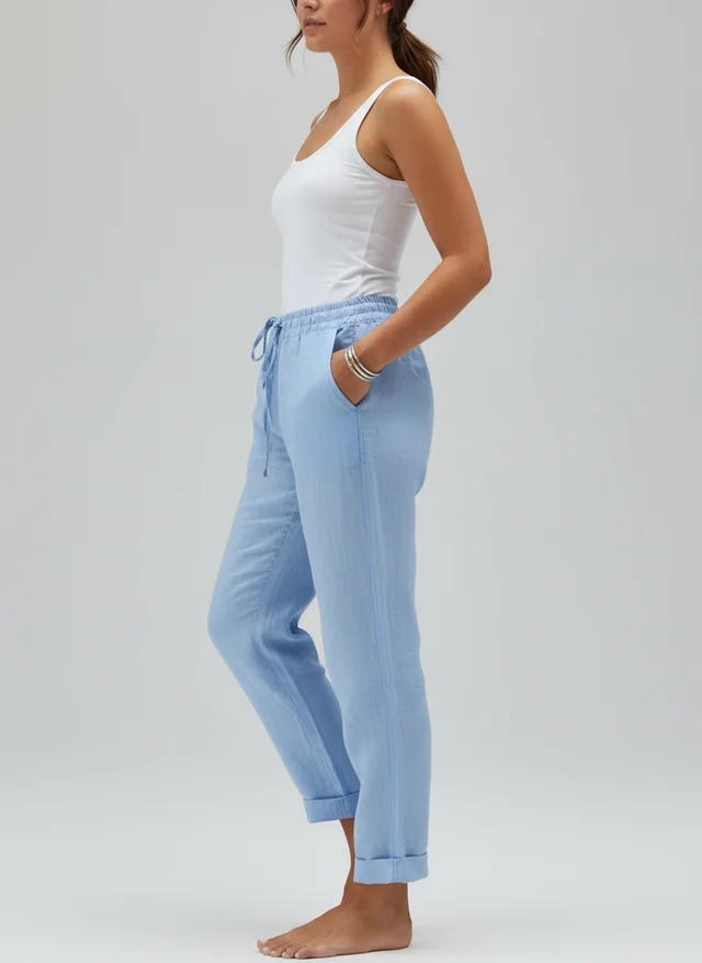 Pantalon Été Taille Haute en Coton et Lin Léger Femme