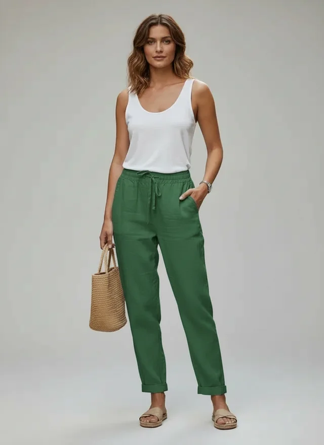 Pantalon Été Taille Haute en Coton et Lin Léger Femme
