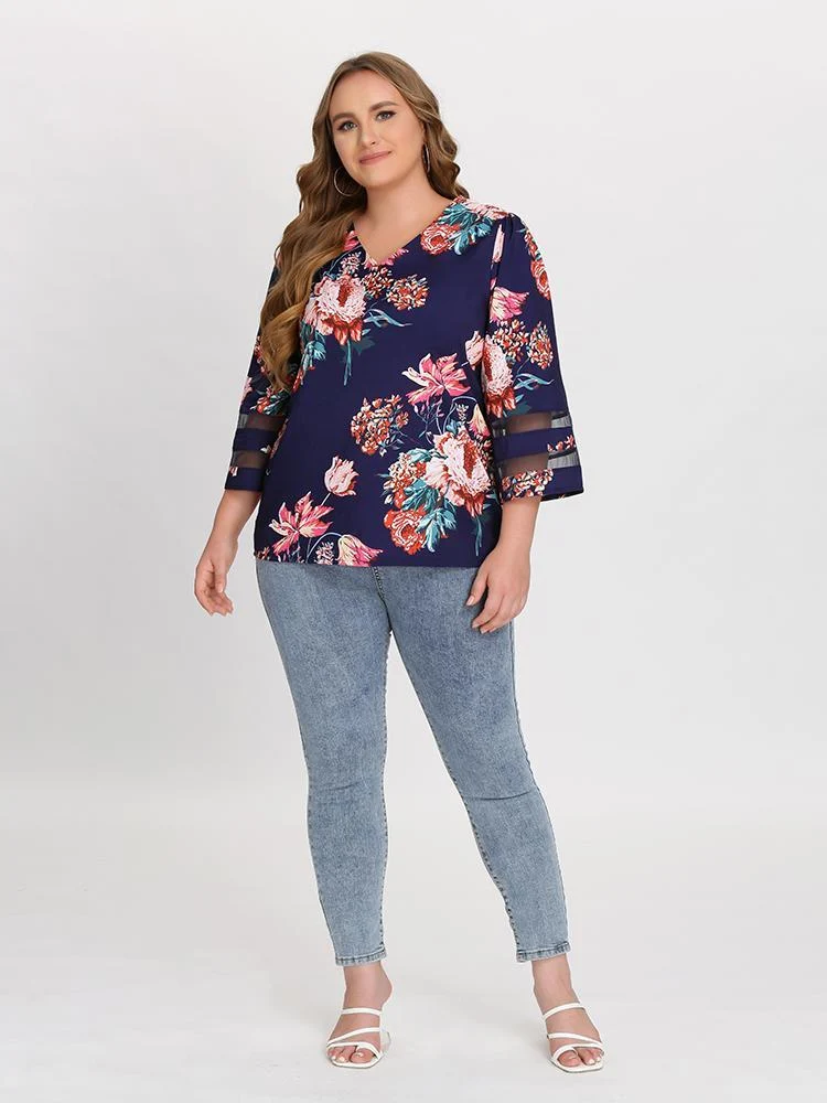 Floral Mesh Sleeve Blouse